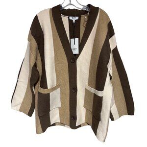 Oat New York  Cardigan Sweater With Pockets Womens S Brown Beige Striped VNeck
